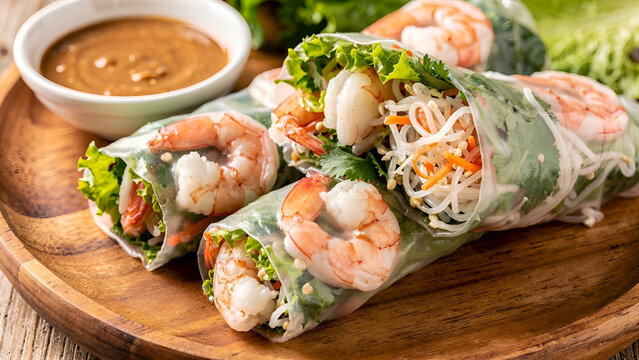Vietnamese spring rolls mukbang, fresh transparent rice paper spring rolls filled with shrimp, vermicelli, lettuce, herbs, served on a wooden platter with peanut dipping sauce, close-up
