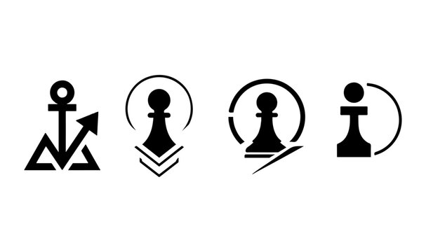 Business strategy icons, navigation anchor, chess pawn symbols, directional arrows, vector graphics