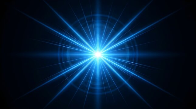 Luminous blue lens flare with bright starburst light effect, glowing optical sun flare on black background, futuristic sci-fi energy flash beam