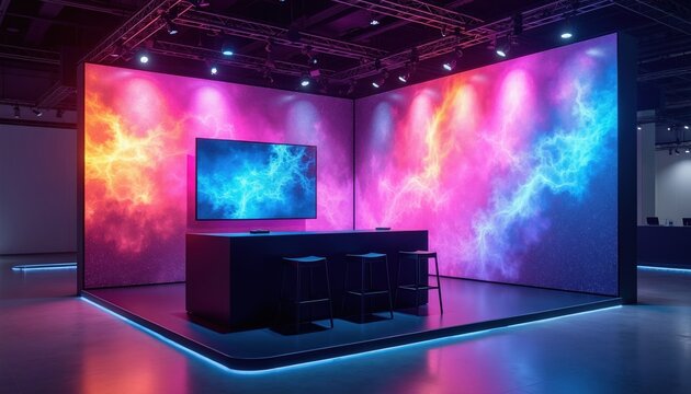 Modern trade show booth with vibrant cosmic wall display in dark expo hall. Neon lights illuminate digital screen, sleek counter with bar stools. Pro exhibition stand features interactive space