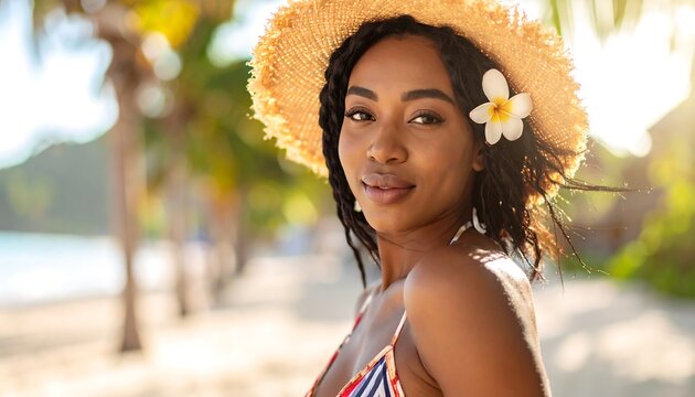 A woman in a colorful bikini and straw hat with a flower on the beach