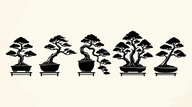Collection of stylized bonsai tree silhouettes