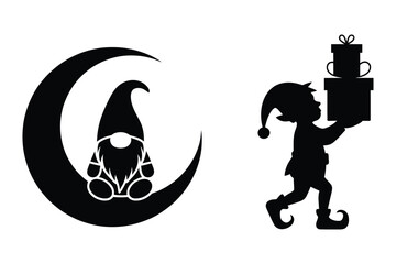 Fototapeta premium Christmas gnome sitting on moon and elves carrying gift boxes silhouette