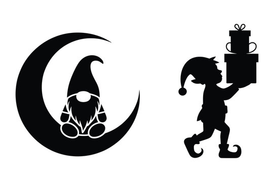 Christmas gnome sitting on moon and elves carrying gift boxes silhouette
