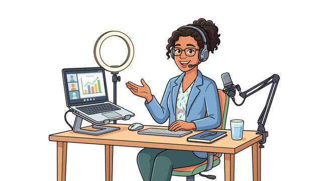 Woman hosting online meeting with video conference and microphone setup