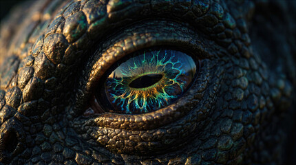 Naklejka premium Extreme Close-Up of an Alien Eye with Intricate Extraterrestrial Skin Texture