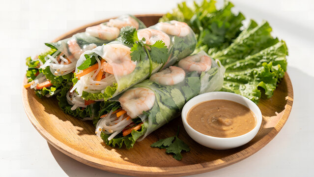 Vietnamese spring rolls, easy recipe style, fresh ingredients, rice paper rolls filled with shrimp, vermicelli noodles, lettuce, herbs, served on a wooden plate with peanut dipping sauce