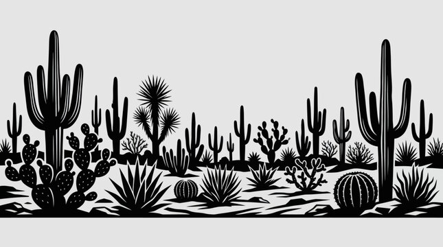 Desert landscape with cacti and yucca