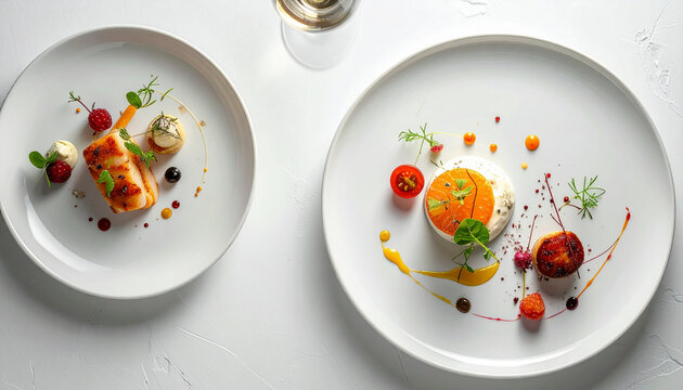 Gourmet fish and seafood dishes with garnishes on white plates