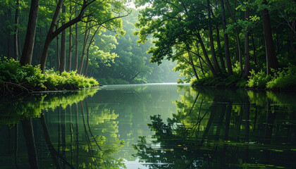 Fototapeta premium Lush green forest reflecting in calm river water serene nature scene
