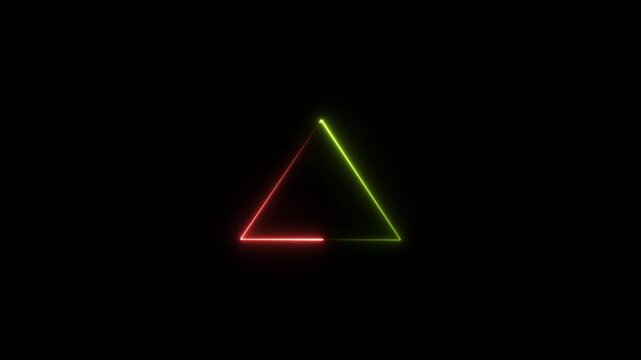 Glowing neon line triangle icon animation on black background.4k video