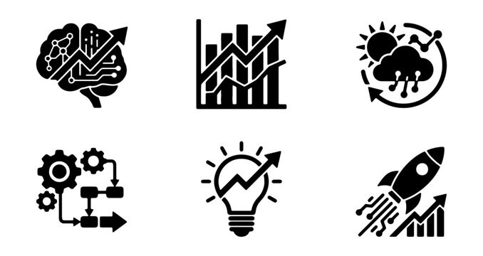 Predictive analytics glyph icons set, business forecasting and data science vector symbols, artificial intelligence growth and market trend graphics
