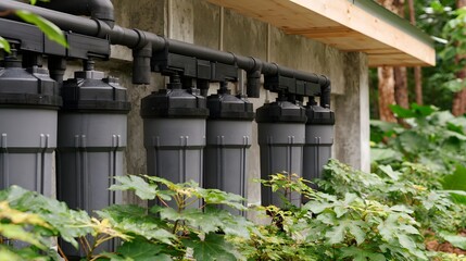 Obraz premium A row of gray cylindrical filters mounted on a concrete wall outdoors surrounded by lush green foliage under natural light
