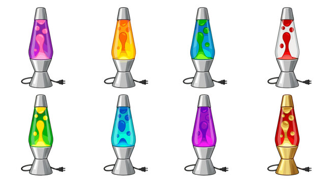 Collection of colorful lava lamps with vibrant liquid and metallic bases