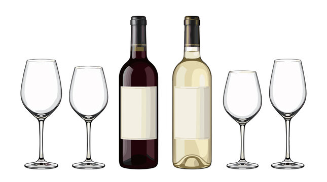 Set of two wine bottles with three empty wine glasses on for celebration