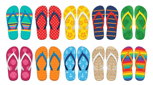 Collection of colorful flip flops arranged in two rows on a plain