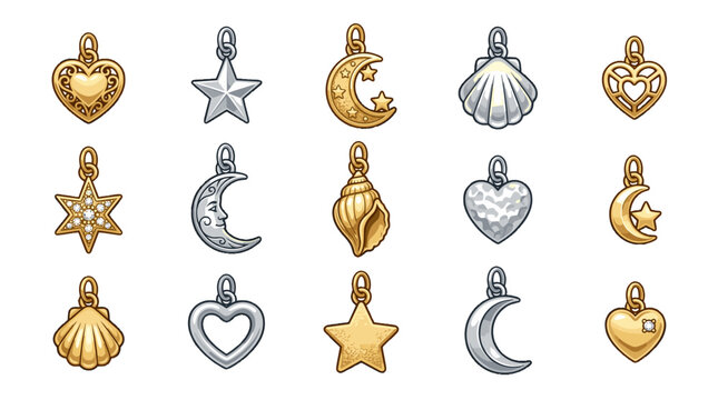 Collection of gold and silver holiday charms including hearts stars moons shells and more