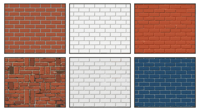 Collection of six different brick wall textures including red, white, blue, and mixed styles