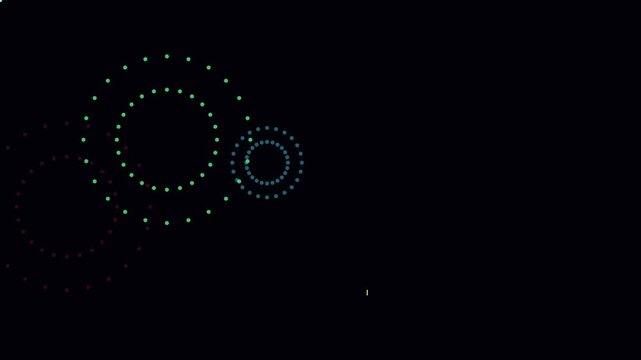 Abstract neon circle particles motion animation 4k background, with colorful pulsing, rings and glowing, geometric patterns on black