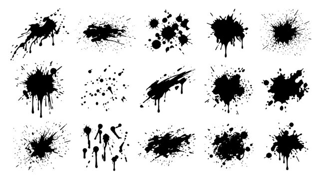 Collection of black ink splatters and splashes on for artistic design