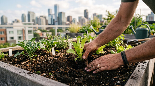Hands planting vegetables in a rooftop community garden &mdash; urban farming and sustainable city living concept.