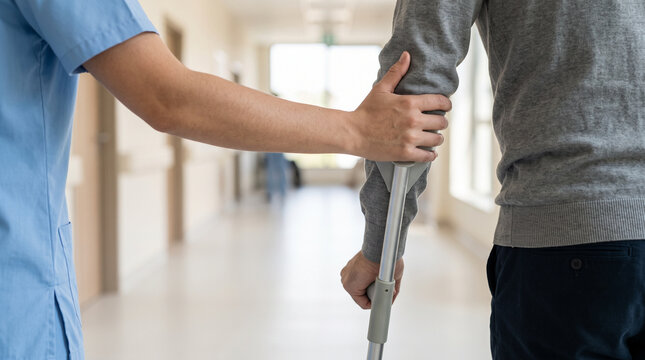 Caregiver's hand assisting a patient walking with crutches &mdash; mobility support and injury rehabilitation care concept.