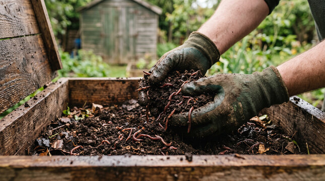 Hands tending a vermicomposting worm bin &mdash; organic waste recycling and sustainable soil gardening concept.