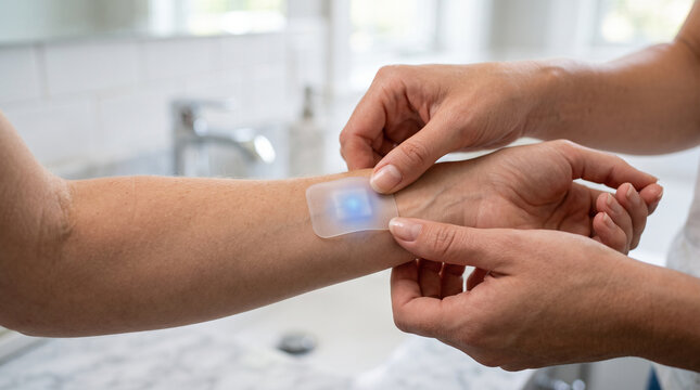 Hands applying a translucent AI health sensor patch on skin &mdash; wearable biometric monitoring and health tech innovation concept.