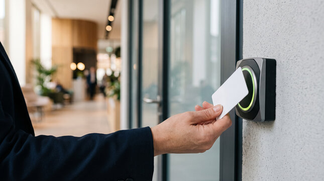 Hand tapping a keycard badge for office access &mdash; corporate security and workplace access control concept.