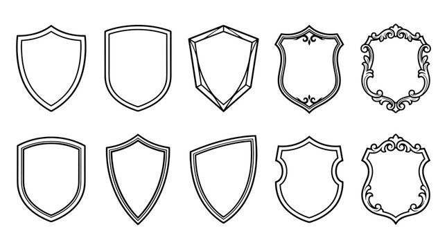 Set of various shield icons with different shapes and decorative borders for protection or security themes
