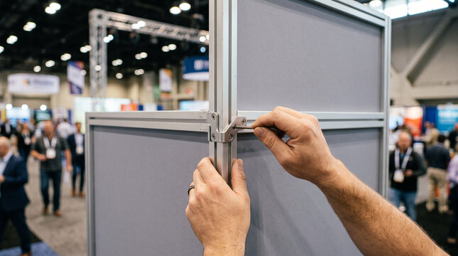 Hands assembling a trade show booth display panel &mdash; business exhibition and event marketing concept.