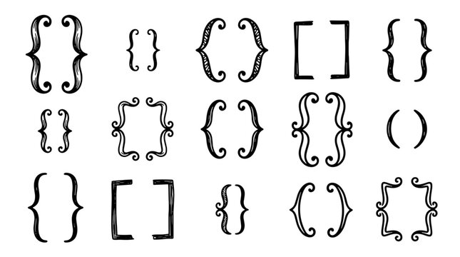 Collection of various ornate curly brackets and square brackets in black