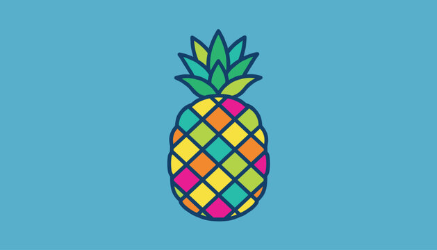 Vibrant geometric illustration of a pineapple featuring multi-colored diamond patterns on a light blue background.
