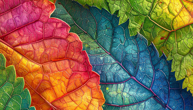 Macro closeup of colorful autumn leaves with intricate vein patterns