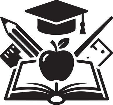Education icon with graduation cap. Academic symbol with apple and book. Learning logo with pencil