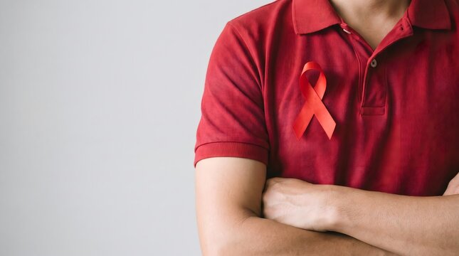 Man wearing red polo shirt with red awareness ribbon for hiv aids support and prevention