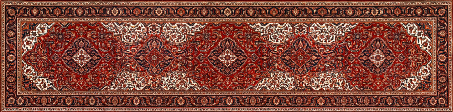 Traditional handmade persian runner rug with intricate floral medallions and ornate borders in rich red ivory and navy blue colors for interior decor