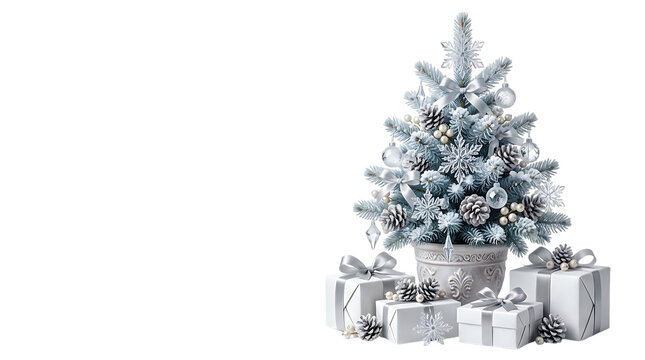 Merry christmas silver christmas tree with gifts on black background