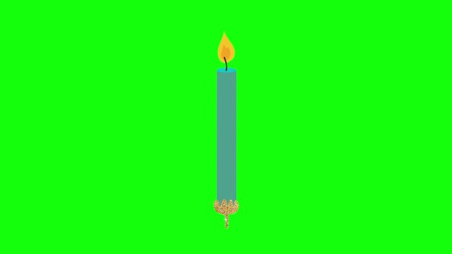 A tall elegant long teal candle with golden glittery dripping base and bright yellow-orange flame stands centered on solid bright lime green background in clean cartoon vector style.