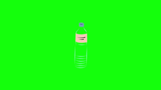 A clean cartoon plastic water bottle with blue cap, light peach label and horizontal ridges at the bottom stands centered on solid bright lime green background in simple vector style.