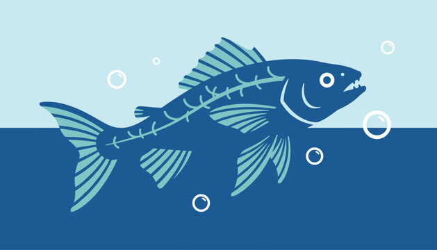 Blue fish skeleton swimming in deep water with bubbles, stylized graphic illustration representing marine life and ocean environment.