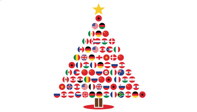 Festive Christmas tree shape created from circular world flags with a golden star on top, representing global holiday celebrations.
