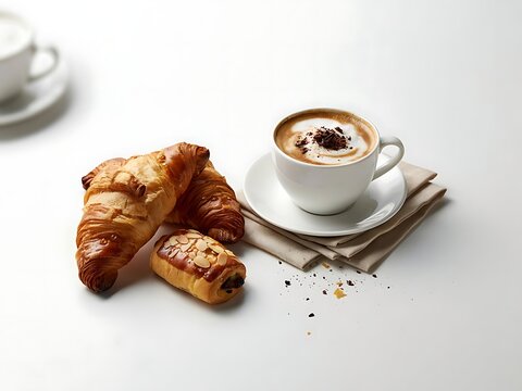 Delicious breakfast with chocolate croissants and a cup of coffee on a white table