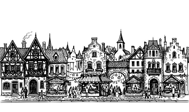 Christmas fair border vector with old building sketch hand drawn historical architecture horizontal panoramic header background