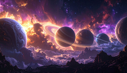 Epic cosmic landscape with ringed planets and vibrant nebula clouds