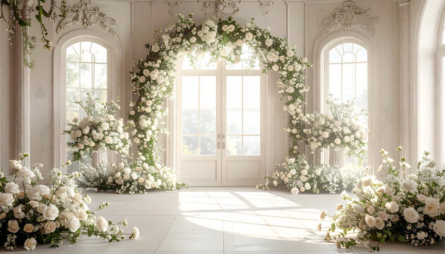 Elegant White Floral Archway Ceremony Entrance with Natural Light
