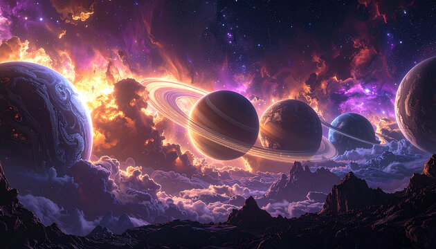 Epic cosmic landscape with ringed planets and vibrant nebula clouds