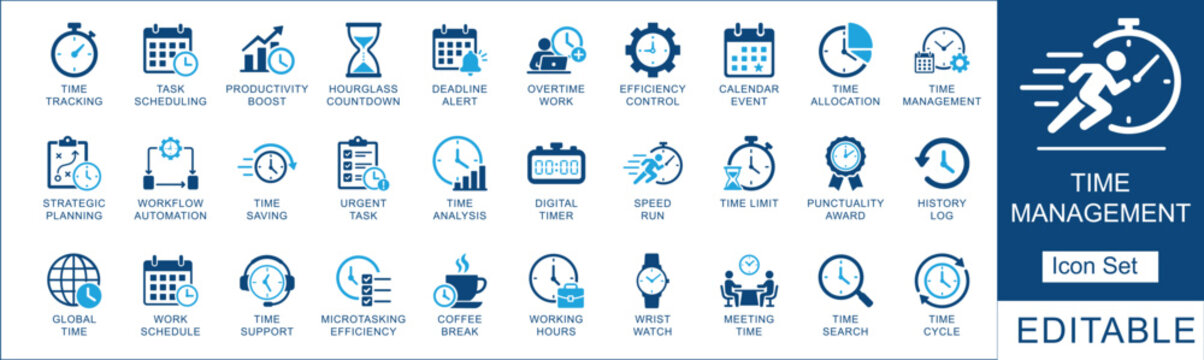Time management icon set. Featuring productivity, scheduling, time tracking, deadline and efficiency. Vector icons for corporate presentation.