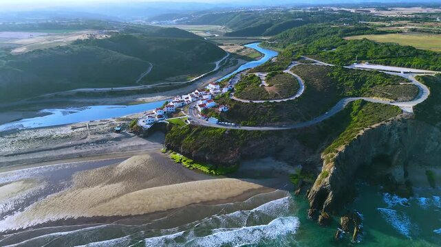 Aerial view of Praia de Odeceixe, in the Municipality of Aljezur, Algarve, Portugal