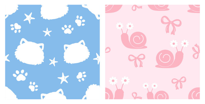 Cute seamless pattern collection featuring fluffy cat faces with paw prints and stars alongside adorable snails with bows and flowers in hand drawn flat vector style for fabric, nursery decor, and tex